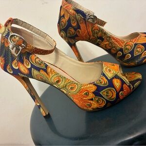 Vibrant Orange and Blue Patterned Heels